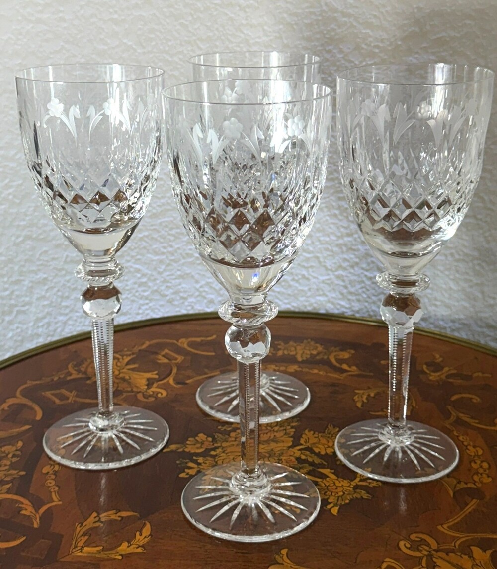 Rogaska Queen Crystal Wine Glasses Set of 4 Cut Floral 7.75" Slovenia